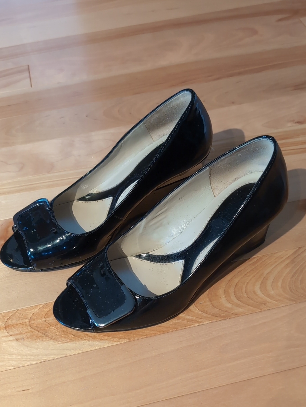 Naturalizer Black Patent Peep-Toe Wedges